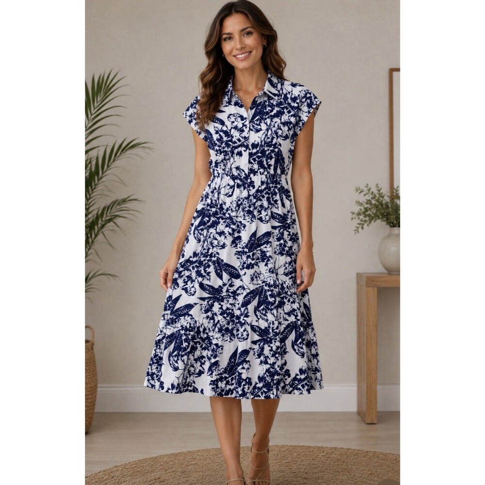 Lapogee Blue Floral Linen Cotton Maxi Dress Coastal Boho Size M